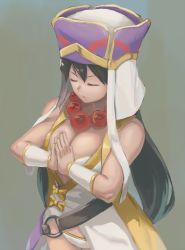 Rule 34 | 1girl, black hair, breasts, cleavage, closed eyes, fate/grand order, fate (series), hat, highres, long hair, own hands together, ranma (kamenrideroz), revealing clothes, solo, xuangzang sanzang (fate)