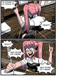 Rule 34 | 1girl, :d, arktoons, book, feathers, female focus, fire emblem, fire emblem: three houses, garreg mach monastery uniform, highres, hilda valentine goneril, long hair, matching hair/eyes, nintendo, open mouth, paper, parody, pink eyes, pink hair, pointing, pointing up, sitting, skirt, smile, spongebob squarepants (series), table, teeth, twintails, upper teeth only, white feathers, writing