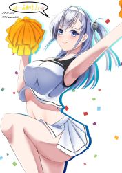 Rule 34 | 1girl, cheering, cheerleader, clothes writing, commentary request, cowboy shot, crop top, crop top overhang, dated, grey eyes, hachiware (8ware63), highres, holding, holding pom poms, kantai collection, long hair, midriff, one side up, pleated skirt, pom pom (cheerleading), shirt, silver hair, skirt, sleeveless, sleeveless shirt, solo, speech bubble, standing, standing on one leg, suzutsuki (kancolle), twitter username, white background