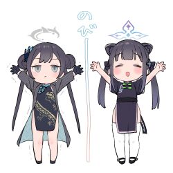 Rule 34 | 2girls, animal ears, arms up, black coat, black dress, black footwear, black gloves, black hair, blue archive, blush, butterfly hair ornament, chibi, china dress, chinese clothes, closed eyes, closed mouth, coat, commentary request, double bun, dragon print, dress, full body, gloves, grey eyes, hair bun, hair ornament, halo, highres, jfjf, kisaki (blue archive), long hair, long sleeves, multiple girls, open clothes, open coat, open mouth, pelvic curtain, shun (blue archive), shun (small) (blue archive), side slit, simple background, standing, stretching, thighhighs, twintails, white background, white thighhighs