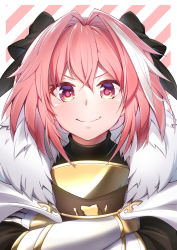 Rule 34 | 1boy, astolfo (fate), blush, cape, close-up, closed mouth, crossed arms, fang, fate/grand order, fate (series), fur trim, gauntlets, gloves, hair between eyes, hair intakes, hair ribbon, highres, looking at viewer, male focus, pink hair, purple eyes, ribbon, short hair, skin fang, smile, solo, striped, striped background, takatun223, trap, white cape