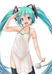 Rule 34 | 1girl, :d, apron, aqua eyes, aqua hair, bare shoulders, face, hatsune miku, highres, ladle, lat model (mikumikudance), long hair, miu (angelo whitechoc), naked apron, open mouth, salute, see-through, simple background, smile, solo, thighhighs, twintails, very long hair, vocaloid