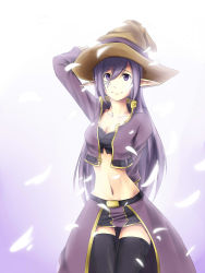 Rule 34 | 1girl, aerlai, black thighhighs, borrowed character, breasts, cleavage, cropped jacket, hand on headwear, hat, highres, jacket, kaleina (ricegnat), long hair, midriff, miniskirt, narrow waist, navel, open clothes, open jacket, original, petals, pigeon-toed, pointy ears, purple eyes, purple hair, skirt, smile, snake tail, solo, strapless, tail, thighhighs, tube top, witch hat, zettai ryouiki
