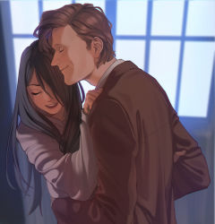 Rule 34 | 1boy, 1girl, aconitea, bad id, bad pixiv id, black hair, brown hair, character request, doctor who, eleventh doctor, closed eyes, formal, hair over one eye, hetero, highres, hug, long hair, open mouth, smile, suit, the doctor, upper body