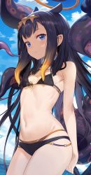 Rule 34 | 1girl, absurdres, adapted costume, animal ears, arms behind back, bare shoulders, bikini, black hair, blue eyes, blush, breasts, collarbone, cowboy shot, day, extra ears, hair ornament, highres, hololive, hololive english, layered bikini, long hair, looking at viewer, mole, mole under eye, monster girl, multi-strapped bikini, navel, ninomae ina&#039;nis, ocean, outdoors, parted lips, pointy ears, seicoh, sky, small breasts, solo, stomach, swimsuit, tentacles, virtual youtuber, water