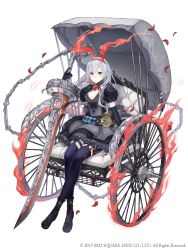 Rule 34 | 1girl, absurdres, alice (sinoalice), alice (sinoalice) (cosplay), belt, black dress, chain, chariot, cosplay, dress, elbow gloves, frilled dress, frills, full body, garter straps, gloves, grey eyes, grey hair, hairband, highres, holding, holding weapon, ji no, juliet sleeves, long hair, long sleeves, looking at viewer, official art, petals, puffy sleeves, sinoalice, snow white (sinoalice), solo, square enix, sword, thighhighs, weapon, white background