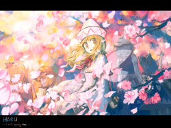 Rule 34 | 5girls, aki minoriko, aki shizuha, arms behind back, back, blonde hair, blue hair, bow, branch, capelet, cherry blossoms, cirno, colored eyelashes, dress, dynamite, english text, engrish text, explosive, flower, hair bow, hair ornament, hat, hatoya hato, leaf, letterboxed, letty whiterock, lily white, long hair, multiple girls, orange eyes, petals, ranguage, short hair, sleeves past wrists, touhou, wings