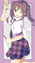 Rule 34 | 1girl, ;d, arm up, bad id, bad twitter id, black necktie, bow, brown eyes, brown hair, cellphone, checkered clothes, checkered skirt, cowboy shot, english text, flip phone, from side, hair between eyes, hair bow, hasebe yuusaku, hat, highres, himekaidou hatate, holding, holding phone, long hair, looking at viewer, necktie, one eye closed, open mouth, phone, puffy short sleeves, puffy sleeves, purple bow, short sleeves, skirt, smile, solo, tokin hat, touhou, twintails