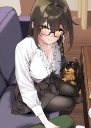 Rule 34 | 1boy, 1girl, 92m, animal, black-framed eyewear, black skirt, breasts, commentary request, couch, dog, glasses, highres, indoors, kakita (92m), long sleeves, looking at viewer, medium breasts, on couch, original, pleated skirt, pov, shirt, sitting, skirt, white shirt, yellow eyes