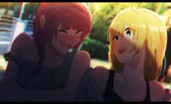 Rule 34 | 2girls, absurdres, black tank top, blue eyes, blunt bangs, blurry, blurry background, bocchi the rock!, braid, closed eyes, collarbone, commentary request, fang, gerar dc, green tank top, highres, hiroi kikuri, laughing, letterboxed, long hair, multiple girls, open mouth, red hair, shadow, shimizu eliza, shoulder blades, single braid, sleeveless, tank top, teeth, upper body, upper teeth only