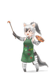 Rule 34 | 1girl, :d, aardwolf (kemono friends), animal ear fluff, animal ears, apron, bad id, bad pixiv id, black hair, black necktie, commentary request, elbow gloves, gloves, green apron, hair between eyes, highres, kemono friends, long hair, looking away, multicolored hair, necktie, okome kogashi, open mouth, outstretched arm, paint splatter, paintbrush, palette (object), ponytail, simple background, smile, solo, tail, two-tone hair, white background, white hair