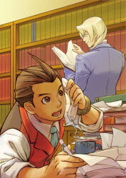 Rule 34 | 2boys, ace attorney, antenna hair, apollo justice, aqua necktie, blonde hair, blue jacket, book, book stack, bookshelf, bracelet, brown eyes, brown hair, ckotnha, collared shirt, corded phone, cup, glasses, holding, holding pen, indoors, jacket, jewelry, kristoph gavin, lapel pin, lapels, library, long sleeves, looking at another, mug, multiple boys, necktie, open book, open mouth, pen, phone, profile, red vest, shirt, short hair, sleeves rolled up, smile, suit jacket, talking on phone, vest, white shirt