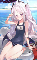 Rule 34 | 1girl, afloat, ahoge, arm support, armpits, barefoot, beach, blue archive, blue sky, blurry, cloud, cloudy sky, collarbone, commentary request, demon girl, demon horns, demon wings, depth of field, forehead, hair ornament, hairclip, halo, highres, hina (blue archive), hina (swimsuit) (blue archive), holding, holding swim ring, holding whistle, horizon, horns, in water, innertube, island, long hair, looking at viewer, mia cbx, name tag, ocean, official alternate costume, official alternate hairstyle, old school swimsuit, one side up, outdoors, parted bangs, purple eyes, school swimsuit, sidelocks, sitting, sky, sleeveless, solo, swim ring, swimsuit, toes, wavy hair, whistle, white hair, wings