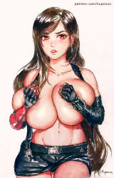 Rule 34 | 1girl, armor, artist name, belt, belt buckle, black belt, black gloves, black panties, black skirt, blue gemstone, bracer, breasts, brown hair, buckle, clenched hands, collarbone, commentary, covering privates, covering breasts, cowboy shot, deep skin, earrings, elbow gloves, english commentary, final fantasy, final fantasy vii, fingerless gloves, gem, gloves, green gemstone, groin, huge breasts, jewelry, kupocun, legs together, lips, long hair, microskirt, navel, painting (medium), panties, pantyshot, parted lips, patreon username, pencil skirt, photoshop (medium), red eyes, revision, sidelocks, signature, simple background, single sidelock, skirt, solo, square enix, standing, strap gap, suspender skirt, suspenders, swept bangs, thigh gap, thighs, tifa lockhart, topless, traditional media, underwear, unfastened, vambraces, very long hair, watercolor (medium), watermark, web address, white background