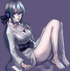 Rule 34 | 1girl, ahoge, anklet, barefoot, between breasts, bow, breasts, choker, cleavage, feet, hair bow, hair ornament, headphones, japanese clothes, jewelry, kimono, lips, long hair, looking at viewer, nail polish, open mouth, parted lips, red eyes, silver hair, sitting, solo, utu (ldnsft), very long hair, vocaloid, yowane haku