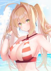 Rule 34 | 1girl, ahoge, bare shoulders, beach, bead bracelet, beads, bikini, blonde hair, blue sky, blush, bracelet, breasts, cleavage, closed mouth, collarbone, criss-cross halter, day, earrings, fate/grand order, fate (series), green eyes, hair between eyes, hair intakes, halterneck, hands up, holding, holding own hair, jewelry, large breasts, long hair, looking at viewer, nero claudius (fate), nero claudius (fate) (all), nero claudius (swimsuit caster) (fate), ocean, red bikini, side-tie bikini bottom, sky, striped bikini, striped clothes, sunlight, suzuho hotaru, swimsuit, twintails