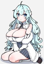 Rule 34 | 1girl, ash arms, between breasts, blue eyes, blue hair, blush, breasts, cleavage, closed mouth, coat, commentary request, detached sleeves, hair between eyes, hair ornament, hisajou, large breasts, long hair, looking at viewer, seiza, shoes, simple background, sitting, socks, solo, white background, winter clothes, winter coat