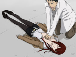 Rule 34 | 1boy, 1girl, belt, black footwear, black legwear, black shorts, black skirt, breasts, breasts apart, breasts out, brown jacket, closed eyes, collared shirt, cpr, dutch angle, facial hair, full body, heart attack, highres, jacket, kneeling, long hair, lying, makise kurisu, nipples, no bra, off-shoulder jacket, off shoulder, okabe rintarou, on back, on floor, open clothes, open shirt, pigeon-toed, shirt, shorts, skirt, sleeves past wrists, small areolae, small breasts, small nipples, steins;gate, stubble, sweatdrop, tagme, unconscious