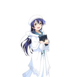 Rule 34 | 10s, 1girl, :d, beret, blue hair, book, capelet, fur trim, hat, hat ribbon, holding, holding book, long hair, looking at viewer, love live!, love live! school idol festival, love live! school idol project, neck ribbon, non-web source, official art, open mouth, ribbon, robe, smile, solo, sonoda umi, transparent background, wings, yellow eyes