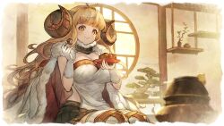 Rule 34 | 1girl, anila (granblue fantasy), blonde hair, breasts, cleavage, eating, granblue fantasy, granblue fantasy versus: rising, horns, large breasts, official art, solo, yellow eyes