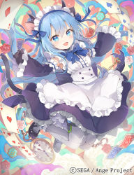 Rule 34 | 1girl, :d, ange vierge, animal ears, apron, black footwear, black gloves, blue bow, blue eyes, blue hair, blush, bow, card, cat ears, cat tail, chain, company name, copyright name, detached sleeves, flower, full body, gloves, hair bow, long hair, maid, official art, open mouth, playing card, rose, shamonor, smile, solo, tail, watch, white legwear, wide sleeves