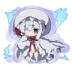 Rule 34 | 1girl, bandage over one eye, bandaged leg, bandages, blush, bow, chibi, claws, commentary, dragon wings, full body, grey wings, hair between eyes, hood, hood up, khezu, milkpanda, monster hunter (series), navel, parted lips, personification, red bow, red eyes, silver hair, solo, standing, thick eyebrows, wings