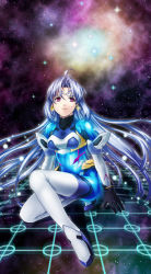 Rule 34 | 00s, 1girl, android, blue hair, bodysuit, breasts, earrings, female focus, full body, gloves, highres, jewelry, kos-mos, long hair, ohse, red eyes, skin tight, solo, space, star (symbol), xenosaga, xenosaga episode ii