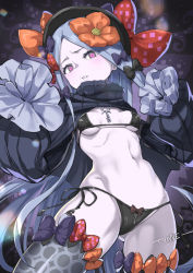 Rule 34 | 1girl, abigail williams (fate), abigail williams (third ascension) (fate), artist name, beret, bikini, black bikini, black bow, black dress, black hat, blush, bow, breasts, clothes lift, commentary request, dress, dress lift, fate/grand order, fate (series), forehead, frills, grey hair, grey thighhighs, hat, key, long hair, long sleeves, looking at viewer, multiple bows, navel, orange bow, pale skin, parted bangs, parted lips, pink eyes, polka dot, polka dot bow, purple bow, red bow, ribbed dress, side-tie bikini bottom, signature, sleeves past fingers, sleeves past wrists, small breasts, solo, swimsuit, thighhighs, thighs, tyone, very long hair, white hair
