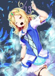 Rule 34 | 1girl, ;d, absurdres, alternate hairstyle, artist name, artist request, blonde hair, blue feathers, braid, cowboy shot, crown braid, dated, dress, feathers, female focus, flower, green eyes, hair rings, highres, index finger raised, jewelry, leg ribbon, looking at viewer, love live!, love live! school idol festival, love live! sunshine!!, medium hair, ohara mari, one eye closed, open mouth, pendant, ribbon, short hair, short sleeves, smile, solo, thigh ribbon, tiara, water blue new world, yellow eyes