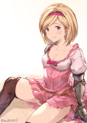 Rule 34 | 1girl, bad id, bad pixiv id, blonde hair, breasts, brown eyes, collarbone, commentary request, djeeta (granblue fantasy), dress, gauntlets, gluteal fold, granblue fantasy, hairband, highres, looking at viewer, medium breasts, milli little, pink dress, pink hairband, puffy sleeves, short hair, sitting, solo, sweat, thighhighs, zettai ryouiki