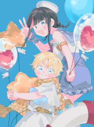 Rule 34 | 1boy, 1girl, armlet, balloon, black hair, blue background, blue collar, blue eyes, blue skirt, blush, collar, dot nose, fate/requiem, fate (series), hat, heart balloon, highres, holding, holding balloon, hugging object, innertube, looking at viewer, magatama, multicolored hair, oneroom-disco, sailor collar, sailor hat, scarf, shirt, simple background, single wrist cuff, skirt, sleeveless, sleeveless shirt, smile, star balloon, streaked hair, swim ring, utsumi erice, v, voyager (fate), white shirt, white tunic, wrist cuffs, yellow scarf