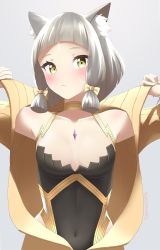 Rule 34 | 1girl, absurdres, animal ears, armpits, blush, breasts, cat ears, closed mouth, covered navel, grey background, highres, nia (xenoblade), nintendo, open clothes, short hair, silver hair, simple background, skeptycally, small breasts, solo, spoilers, twitter username, upper body, xenoblade chronicles (series), xenoblade chronicles 2, xenoblade chronicles (series), xenoblade chronicles 2, yellow eyes