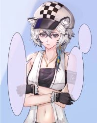 Rule 34 | 1girl, animal ear fluff, animal ears, arknights, armband, bandeau, bare arms, bare shoulders, black eyes, black gloves, blue background, cabbie hat, cliffheart (arknights), gloves, hair between eyes, hat, highres, jacket, jewelry, kava, leopard ears, looking at viewer, midriff, navel, necklace, open clothes, open jacket, short hair, silver hair, sleeveless, sleeveless jacket, solo, speech bubble, stomach, strapless, tube top, upper body, white hat, white jacket