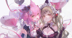 Rule 34 | 2girls, :p, animal ears, artist name, balloon, bandaged head, bandages, black dress, blonde hair, breasts, cat ears, chain, ciloranko, cleavage, collaboration, commentary, cursive, dress, english commentary, english text, fang, frilled hairband, frills, hair ornament, hairband, hairclip, happy valentine, highres, hug, juliet sleeves, long hair, long sleeves, looking at viewer, maccha (mochancc), medium breasts, multiple girls, off-shoulder dress, off shoulder, original, piercing, pink hair, puffy sleeves, side-by-side, tongue, tongue out, tongue piercing, valentine, white hairband, yellow eyes