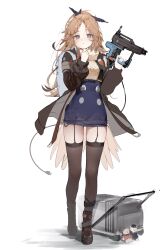 Rule 34 | 1girl, absurdres, arknights, bag, black eyes, black footwear, black thighhighs, blue skirt, blush, boots, breasts, brown hair, full body, garter straps, gun, highres, holding, holding weapon, jacket, long hair, long sleeves, looking at viewer, medium breasts, nail gun, open clothes, open jacket, pinecone (arknights), red pupils, simple background, skirt, solo, standing, suashi, thighhighs, turtleneck, weapon, white background