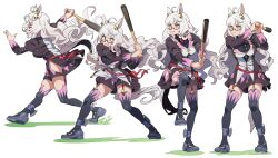 1girl absurdres animal_ears arm_up baseball_bat biwa_hayahide_(umamusume) black_footwear black_shirt breasts collared_shirt commentary_request glasses hair_ornament highres holding holding_baseball_bat horse_ears horse_girl horse_tail large_breasts long_hair long_sleeves looking_at_another multiple_girls multiple_views nishiki_kazue red-framed_eyewear ribbon shirt simple_background skirt standing tail teeth thigh_strap thighhighs umamusume white_background white_hair