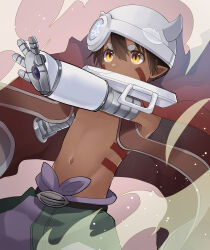 Rule 34 | 1boy, absurdres, attack, battle, brown hair, cape, child, commentary request, covering own mouth, dark skin, fake horns, fighting stance, from side, helmet, highres, horned helmet, horns, looking to the side, made in abyss, male focus, mechanical arms, regu (made in abyss), short hair, simple background, topless male, upper body, usuki (usukine1go), yellow eyes