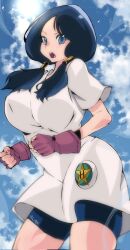 Rule 34 | 1girl, bike shorts, black hair, black shorts, blue eyes, blue sky, breasts, cloud, day, dragon ball, dragonball z, female focus, gloves, highres, japanese text, kinakomochi (user vedc2333), large breasts, looking at viewer, open mouth, outdoors, purple gloves, shirt, short hair, shorts, signature, sky, solo, standing, sunlight, teeth, thighs, tongue, twintails, upper teeth only, videl, white shirt