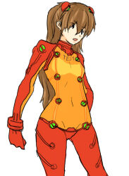Rule 34 | 1girl, artist request, blue eyes, bodysuit, breasts, brown hair, covered navel, evangelion: 2.0 you can (not) advance, hair between eyes, hair ornament, long hair, medium breasts, neon genesis evangelion, open mouth, pilot suit, plugsuit, rebuild of evangelion, red bodysuit, see-through, see-through bodysuit, shiny clothes, simple background, souryuu asuka langley, sweat, test plugsuit