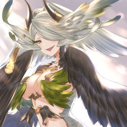 Rule 34 | 1girl, blush, body fur, breasts, cleavage, commentary, elil (granblue fantasy), feathered wings, granblue fantasy, green eyes, hair over one eye, harpy, head wings, horns, lips, looking at viewer, medium breasts, monster girl, open mouth, smile, solo, upper body, wing ornament, winged arms, wings, wuming