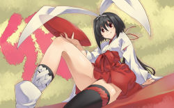 Rule 34 | 1girl, :q, adapted uniform, bad id, bad pixiv id, black hair, black thighhighs, cup, female focus, hairband, highres, japanese clothes, koma (qqq111), leaning back, miko, original, red eyes, sakazuki, single thighhigh, sitting, smile, solo, thighhighs, tongue, tongue out