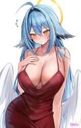 Rule 34 | 1girl, absurdres, ahoge, artist name, bare shoulders, blue hair, blush, breasts, cleavage, collarbone, commentary, dress, english commentary, feathered wings, flying sweatdrops, hair between eyes, hair intakes, halo, hand on own chest, highres, huge breasts, looking down, low wings, original, red dress, simple background, sleeveless, sleeveless dress, solo, sweat, twitter username, white background, white wings, wings, yellow eyes, yellow halo, yuniiho