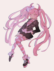 Rule 34 | 1girl, ankle boots, asymmetrical legwear, asymmetrical thighhighs, black footwear, black jacket, black skirt, boots, bow, child, collarbone, danganronpa (series), danganronpa another episode: ultra despair girls, eyelashes, fake horns, female focus, full body, hair bow, hairband, hand on own hip, headband, high heel boots, high heels, horned headwear, horns, jacket, long hair, long sleeves, looking at viewer, matching hair/eyes, multicolored boots, multicolored clothes, multicolored skirt, neck ribbon, parted bangs, pink eyes, pink footwear, pink hair, pink hairband, pink headband, pink headwear, pink horns, pink ribbon, pink skirt, pink stripes, pink thighhighs, pink trim, polka dot, polka dot bow, ribbon, shirt, simple background, skirt, smile, solo, striped clothes, striped footwear, striped thighhighs, thighhighs, thighhighs under boots, twintails, utsugi kotoko, white background, white shirt, white stripes, white thighhighs, white trim