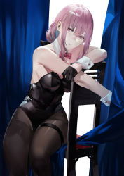 Rule 34 | 1girl, alternate costume, bare shoulders, black pantyhose, blazpu, bow, bowtie, breasts, chair, collarbone, detached collar, gloves, half gloves, highres, hololive, hololive english, leotard, long hair, medium breasts, mori calliope, pantyhose, parted lips, pink eyes, pink hair, playboy bunny, red bow, red bowtie, sitting, solo, strapless, strapless leotard, thigh strap, virtual youtuber, wrist cuffs