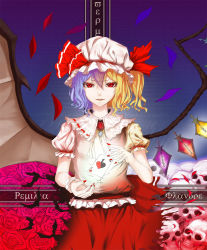 Rule 34 | 1girl, bat wings, blonde hair, bow, card, character name, fangs, flandre scarlet, flower, fusion, greek text, hair bow, hat, nail polish, purple hair, red eyes, remilia scarlet, rizerote, rose, short hair, skull, torn clothes, touhou, wings
