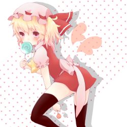 Rule 34 | 1girl, black thighhighs, blonde hair, blush, candy, dress, embodiment of scarlet devil, female focus, flandre scarlet, food, hat, lollipop, red eyes, sailor antei, side ponytail, solo, thighhighs, touhou, white background, wings