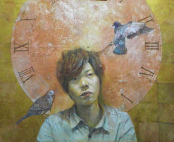 Rule 34 | 1boy, acrylic paint (medium), aircraft, animal, animal on shoulder, bird, bird on shoulder, brown hair, buttons, clock, collared shirt, dove, dress shirt, flying, grabbing another&#039;s hair, head tilt, highres, looking to the side, open collar, original, painting (medium), parted lips, pen, realistic, roman numeral, senzaki-ryosuke, shirt, short hair, striped clothes, striped shirt, swept bangs, tile wall, tiles, traditional media, upper body, watercolor (medium), wing collar