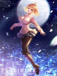 Rule 34 | 1girl, antenna hair, apple caramel, arcueid brunestud, black pantyhose, blonde hair, boots, breasts, brown footwear, city lights, cityscape, copyright name, english text, flying, full body, hair intakes, high heel boots, high heels, highres, impossible clothes, impossible sweater, knee boots, large breasts, long sleeves, looking at viewer, medium hair, moon, night, night sky, open mouth, pantyhose, petals, pleated skirt, red eyes, skirt, sky, smile, sweater, tsukihime, turtleneck, turtleneck sweater, white sweater