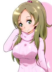 Rule 34 | 10s, 1girl, breasts, brown hair, green eyes, hair bobbles, hair ornament, large breasts, long hair, looking at viewer, minamino kanade, ponytail, precure, ribbed sweater, ryuuta (cure ryuuta), smile, solo, suite precure, sweater, turtleneck
