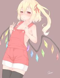 Rule 34 | 1girl, adapted costume, artist name, black thighhighs, blonde hair, cowboy shot, flandre scarlet, hair ribbon, half-closed eyes, highres, long hair, looking at viewer, naked overalls, no bra, overalls, pointy ears, red eyes, red ribbon, ribbon, sakurea, shorts, side ponytail, simple background, solo, thighhighs, touhou, wings